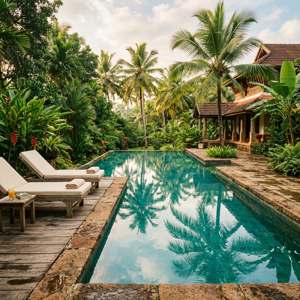 Private swimming pool set amongst palm trees